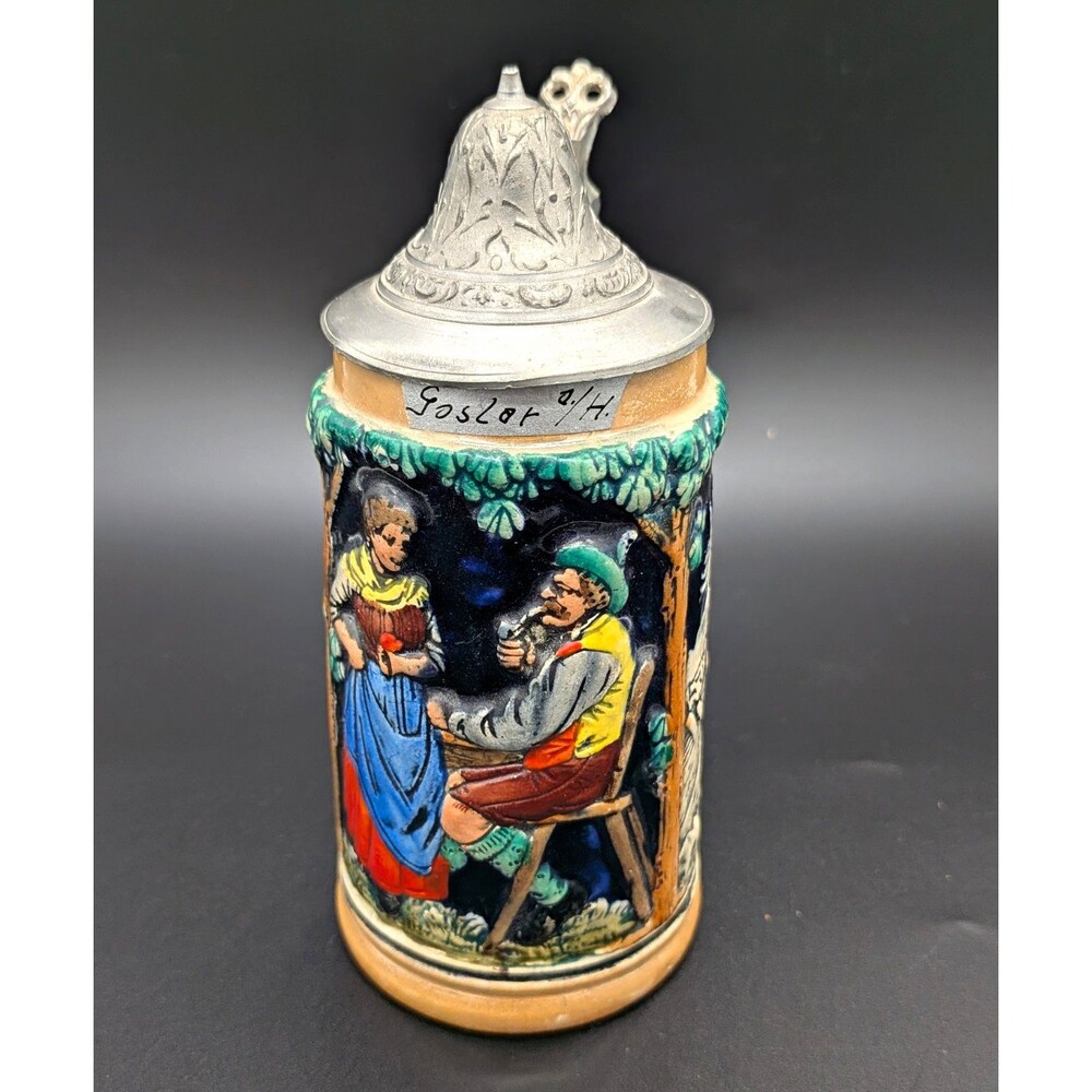 German Style Lidded Beer Stein Pewter Lid Hand-Painted Scene "Saslor" Mark